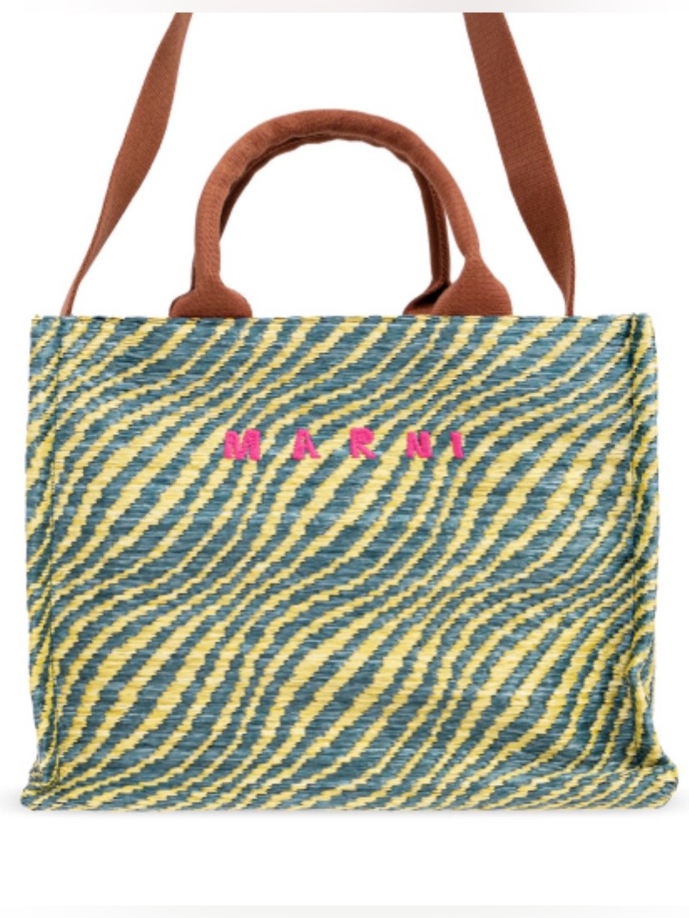 MARNI logo embroidered raffia tote shoulder bag
